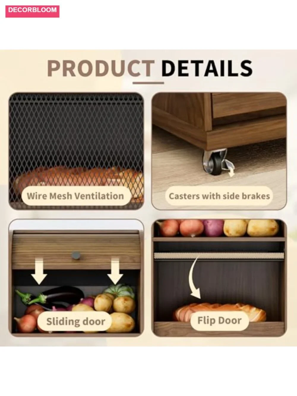 MDF Potato Onion Storage Bin Wheeled Kitchen Pantry Basket